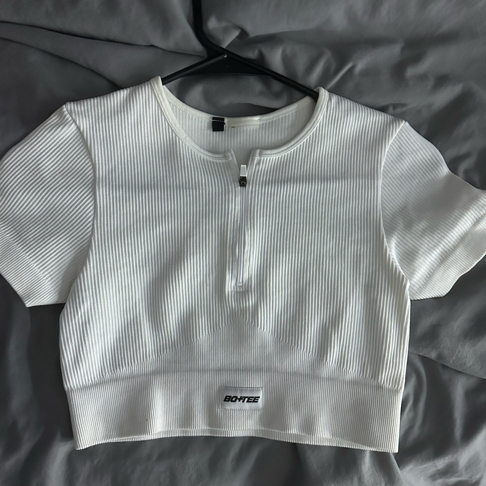 Oh Polly White Ribbed Zip Crop Top